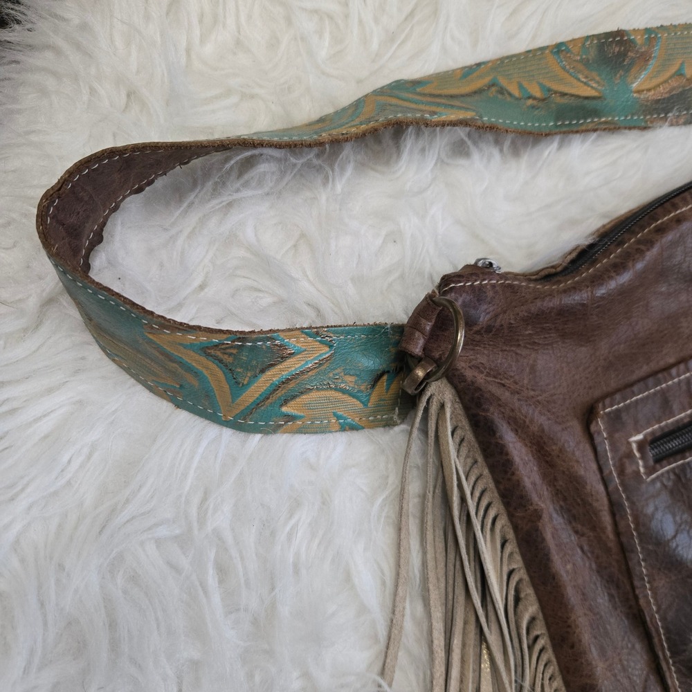 Dancing Cactus Designs Cowhide Fringe Crossbody Bag Turquoise Leather Western - Picture 13 of 16